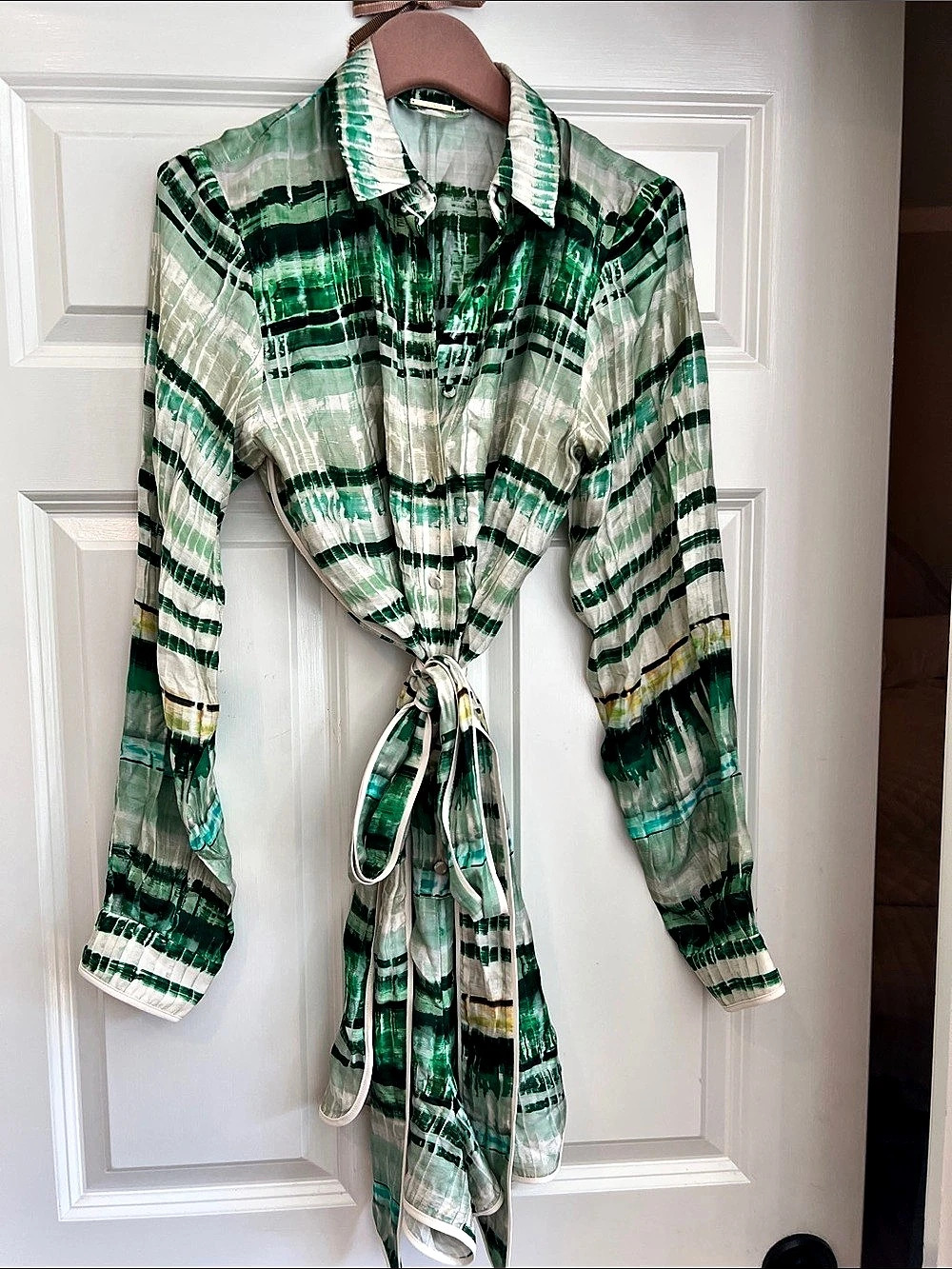 Alexis Abstract Green & White silk romper with waist belt tie Size Small